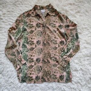 Vtg 90s TESS 100% Silk Pink Floral Button Down Blouse Abstract Lace Romantic L